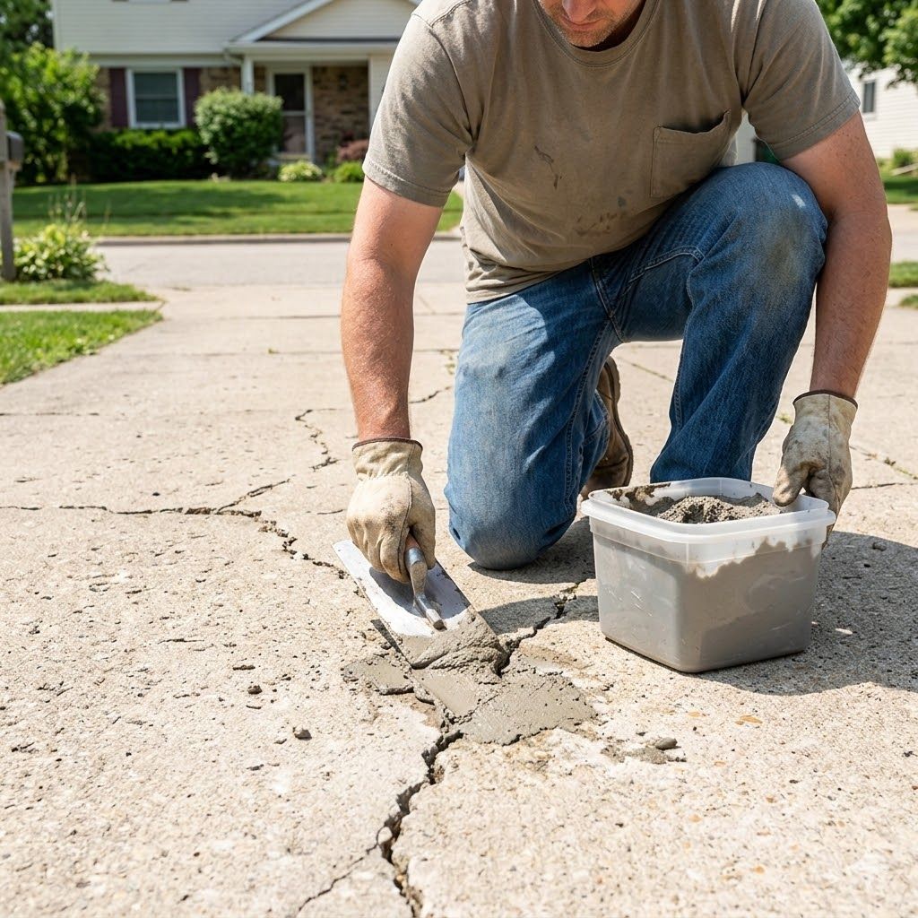 A person kneeling on a concrete driveway, using a trowel to apply mortar into a crack to repair the surface.