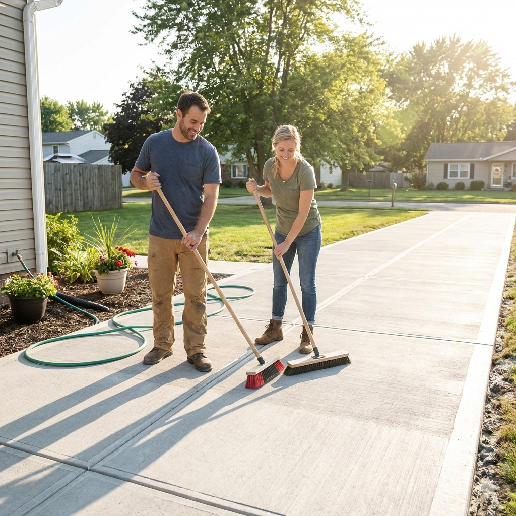 Two people sweeping a concrete driveway with push brooms outdoors on a sunny day.