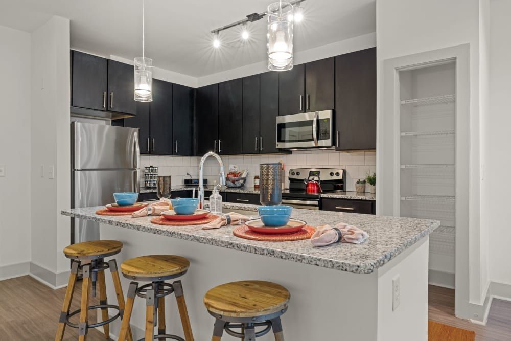 Modern kitchen with black cabinets, stainless steel appliances, granite counter tops, and a large island with stools at Skyline West in Atlanta, GA.
