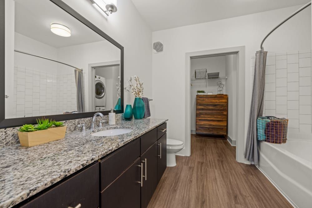 Apartment bathroom with a sink, toilet, walk-n closet, and bathtub at Skyline West in Atlanta, GA.
