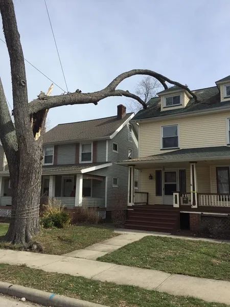 A house with a broken tree branch in front of it