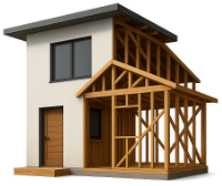 A house is being built with a wooden frame.