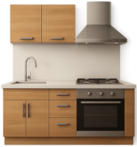 A kitchen with wooden cabinets and a stove top oven