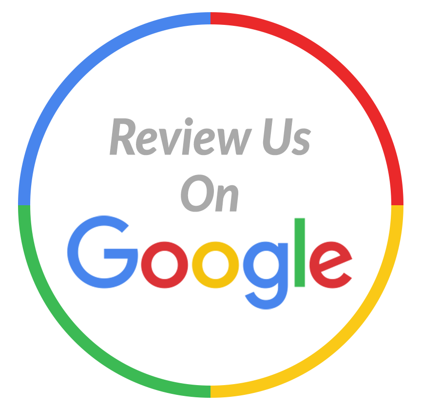 Review Us On Google, with Google logo inside a multi-colored circle: Blue, Red, Yellow, and Green.