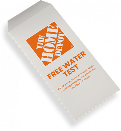The Home Depot free water test kit box, white with orange branding, tilted on a white background