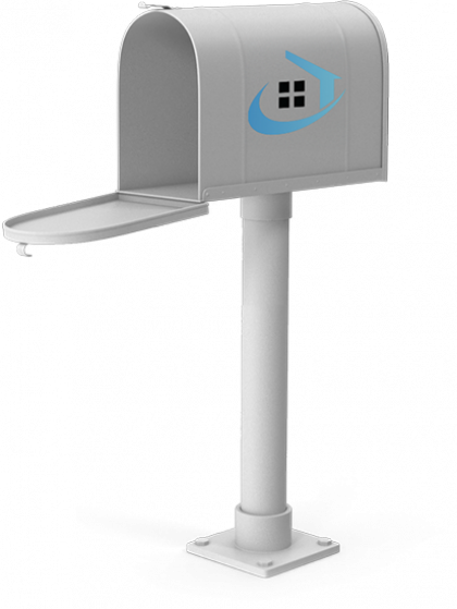 Gray mailbox on a white post with an open front door and blue house logo.