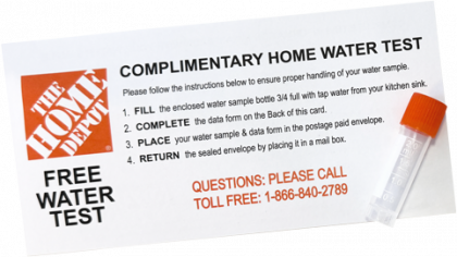 Home water test kit card with Home Depot logo and free water test instructions, orange and white