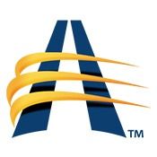 Blue stylized letter A with three gold swooshes across it and a small TM mark.