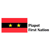 Piapot First Nation flag with red, black and yellow bands and two stars beside text