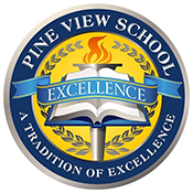 Pine View School logo with blue circular seal, open book, torch, and