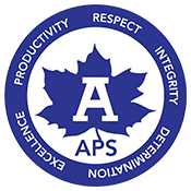 APS logo: blue maple leaf with white “A,” surrounded by words Productivity, Respect, Integrity, Excellence, Determination
