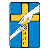 Blue logo with yellow cross and two hands reaching across a white diagonal stripe, labeled SJC.
