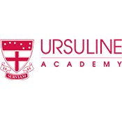 Ursuline Academy logo in red and white with shield crest and wordmark