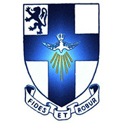 Blue and white shield crest with a lion, a bird, and the motto “Fides et Robur”