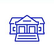 Blue outline of a building facade with steps and columns, like a house or temple icon