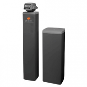 Two black pedestals, one with a small touchscreen display on top, shown on a white background.
