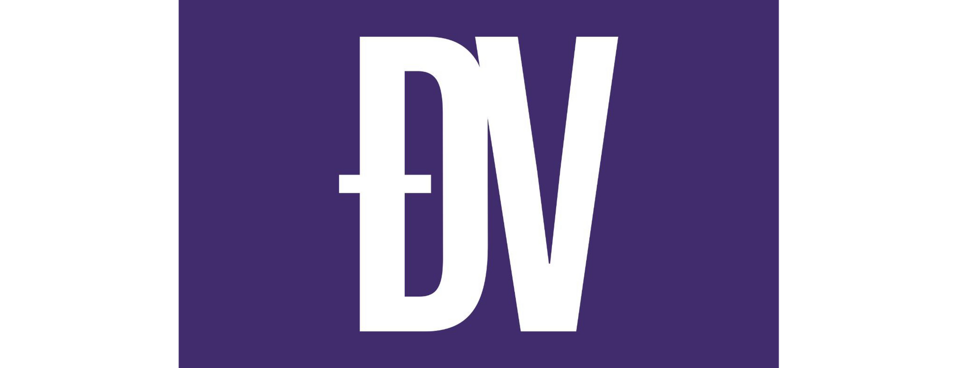 Witte "DV"-letters op een paarse vierkante achtergrond.