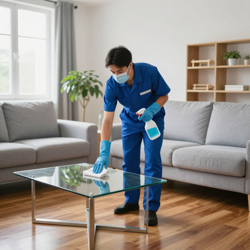 Un addetto alle pulizie in uniforme blu disinfetta un tavolino da caffè in vetro in un luminoso soggiorno.