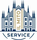 Logo per MITO Service con icona blu a forma di cattedrale e testo verticale dorato su sfondo bianco.