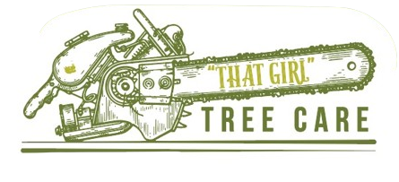 A logo for that girl tree care shows a chainsaw.