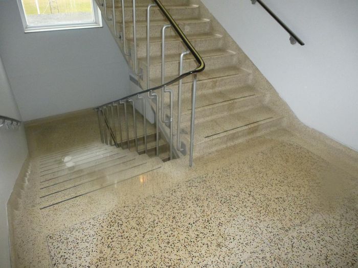 Un escalier avec une rampe en métal et un sol en terrazzo