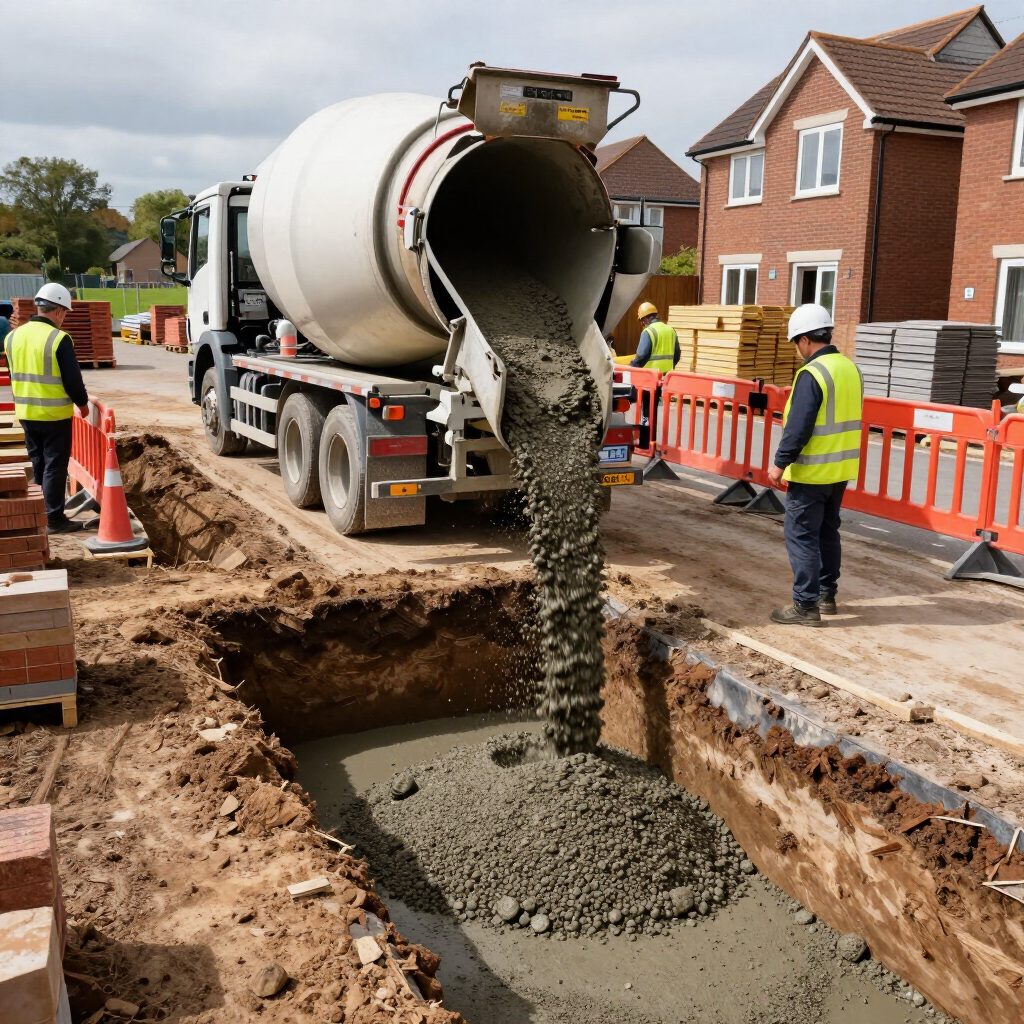Concrete truck pouring into a trench at a road construction site with workers nearby
