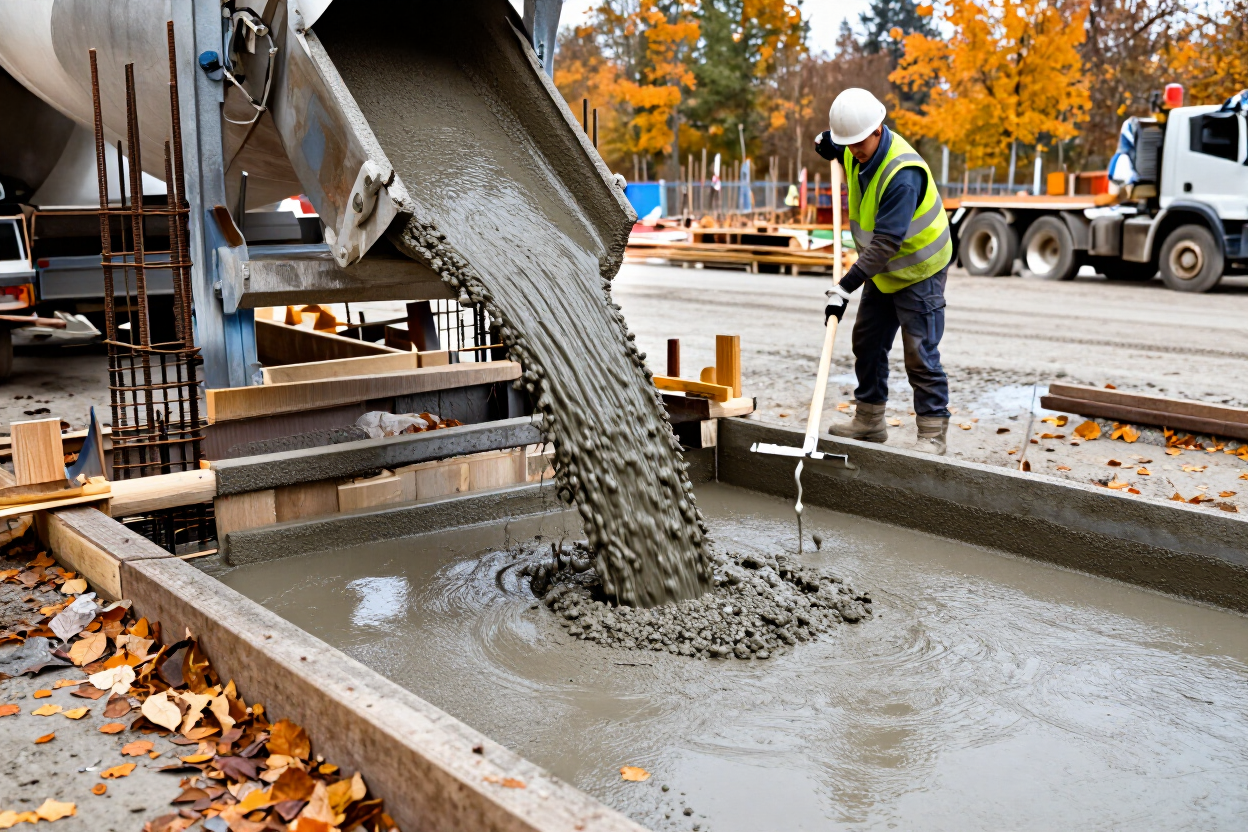 Construction worker pouring concrete into a foundation form at a roadside site in autumn