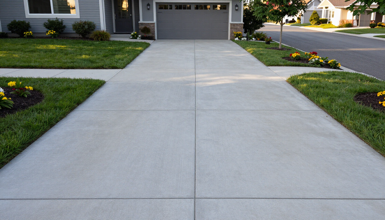 Wide concrete driveway leading to a suburban house with landscaped lawn and flower beds