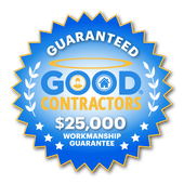 Blue and gold Good Contractors badge with $25,000 workmanship guarantee and laurel accents