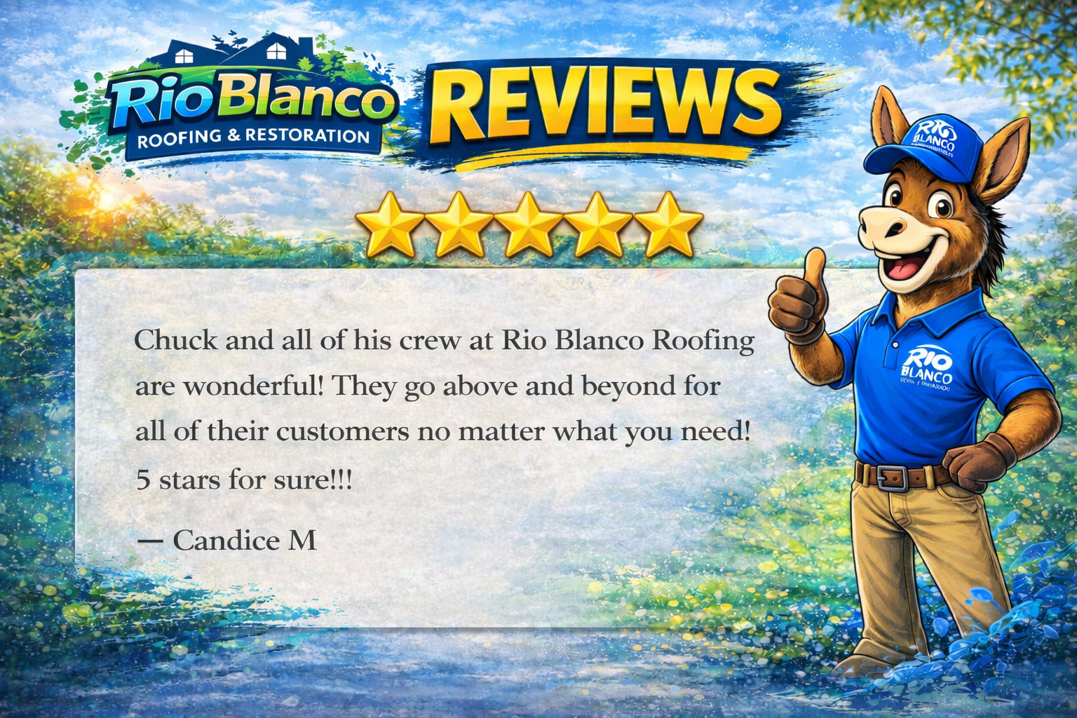 Rio Blanco Roofing reviews graphic with five stars and a smiling construction mascot giving a thumbs-up