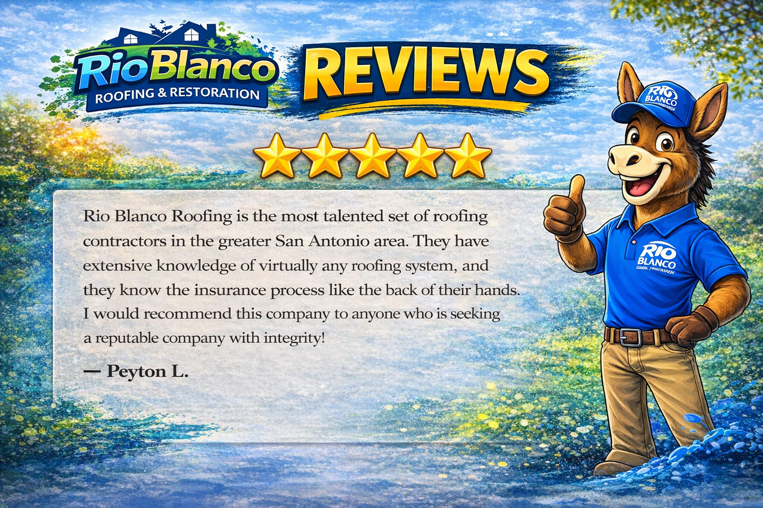 Rio Blanco RV Resort reviews banner with five stars and a smiling dog mascot in a blue shirt
