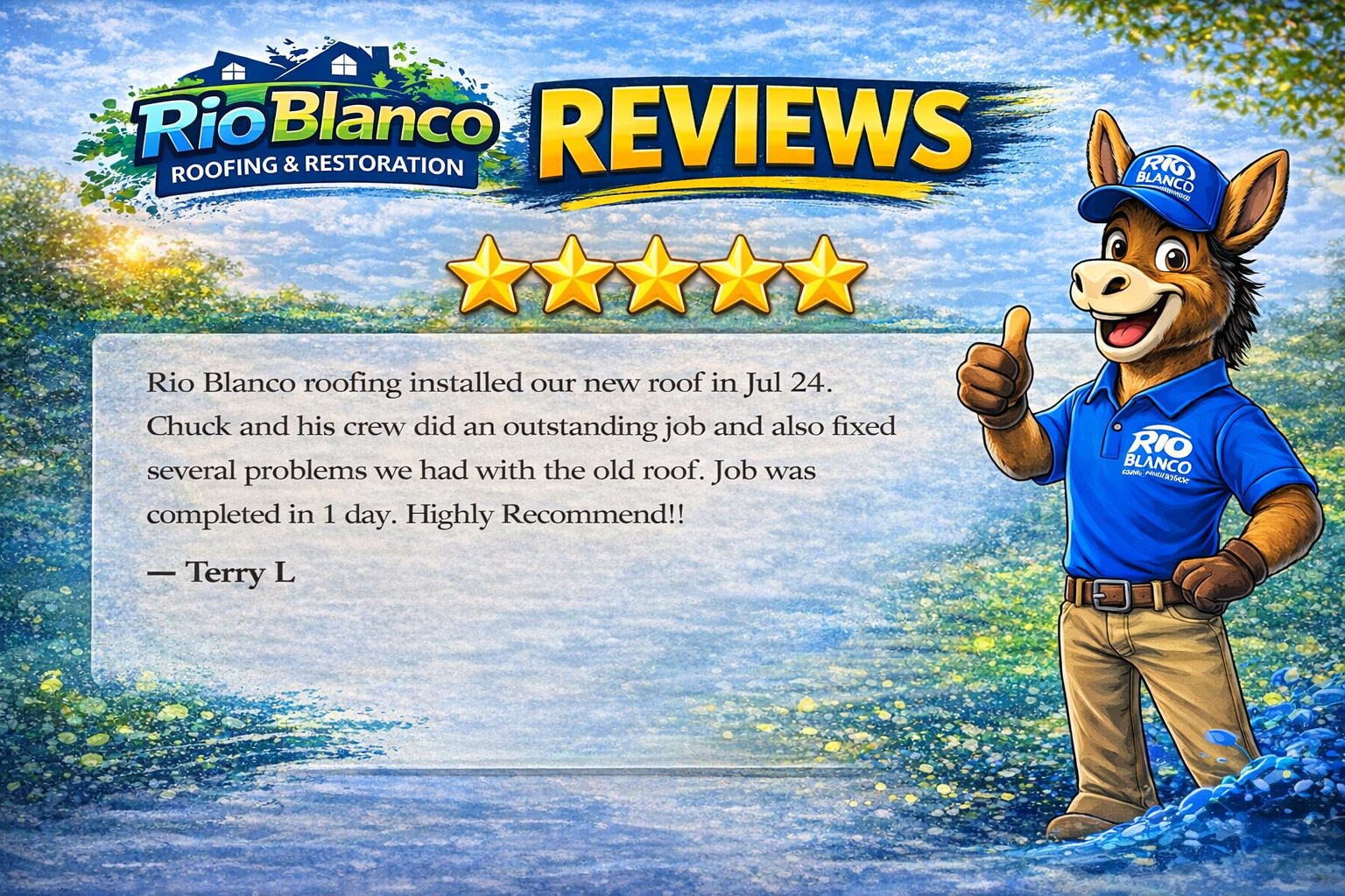 Rio Blanco Reviews graphic with five stars, beach background, and a mascot giving a thumbs up.