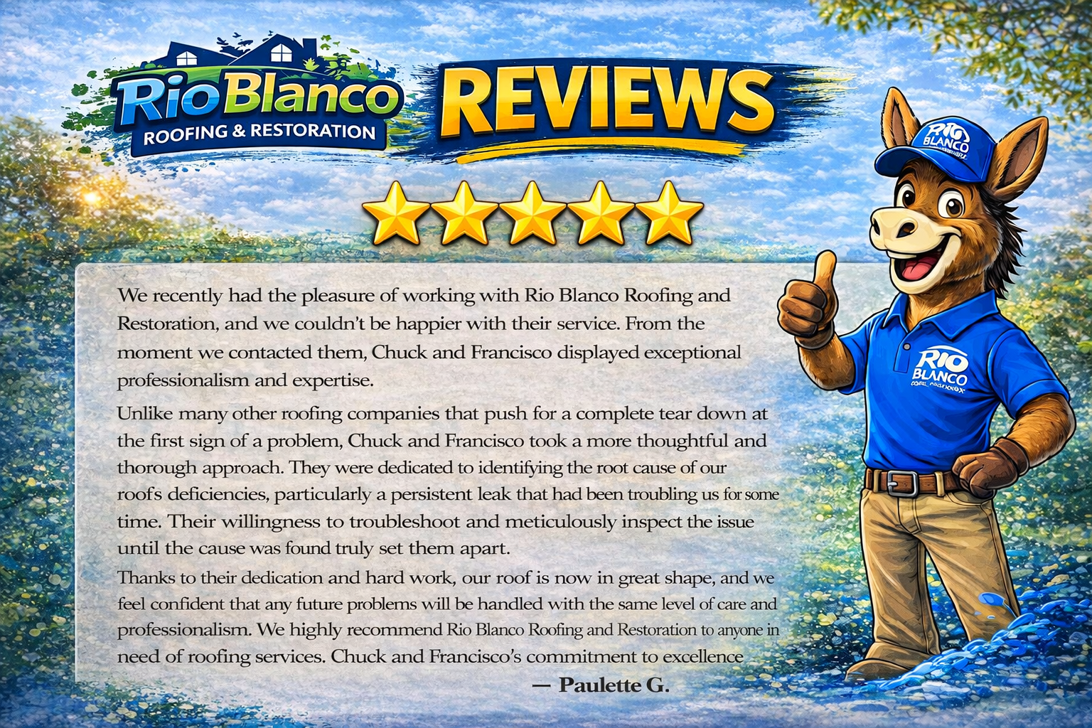 Rio Blanco reviews banner with five stars and a smiling cartoon dog in a blue shirt giving a thumbs-up