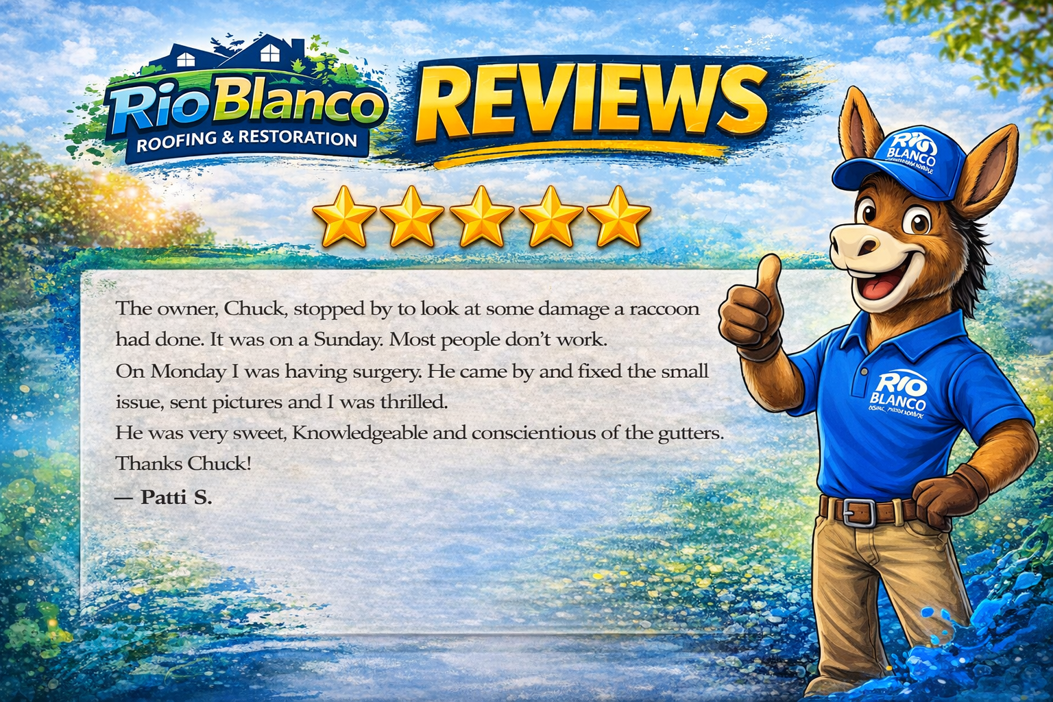 Rio Blanco Reviews banner with five stars and a smiling cartoon dog mascot on a blue background