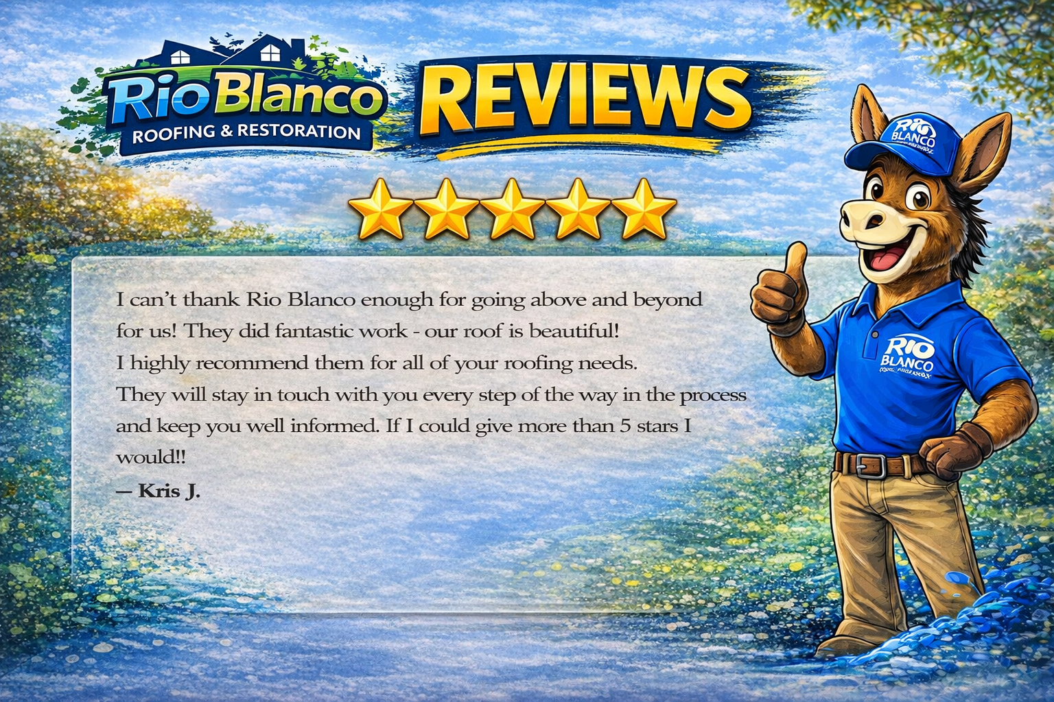 Rio Blanco reviews graphic with five stars, testimonial text, and a smiling mascot on a blue waterfront background