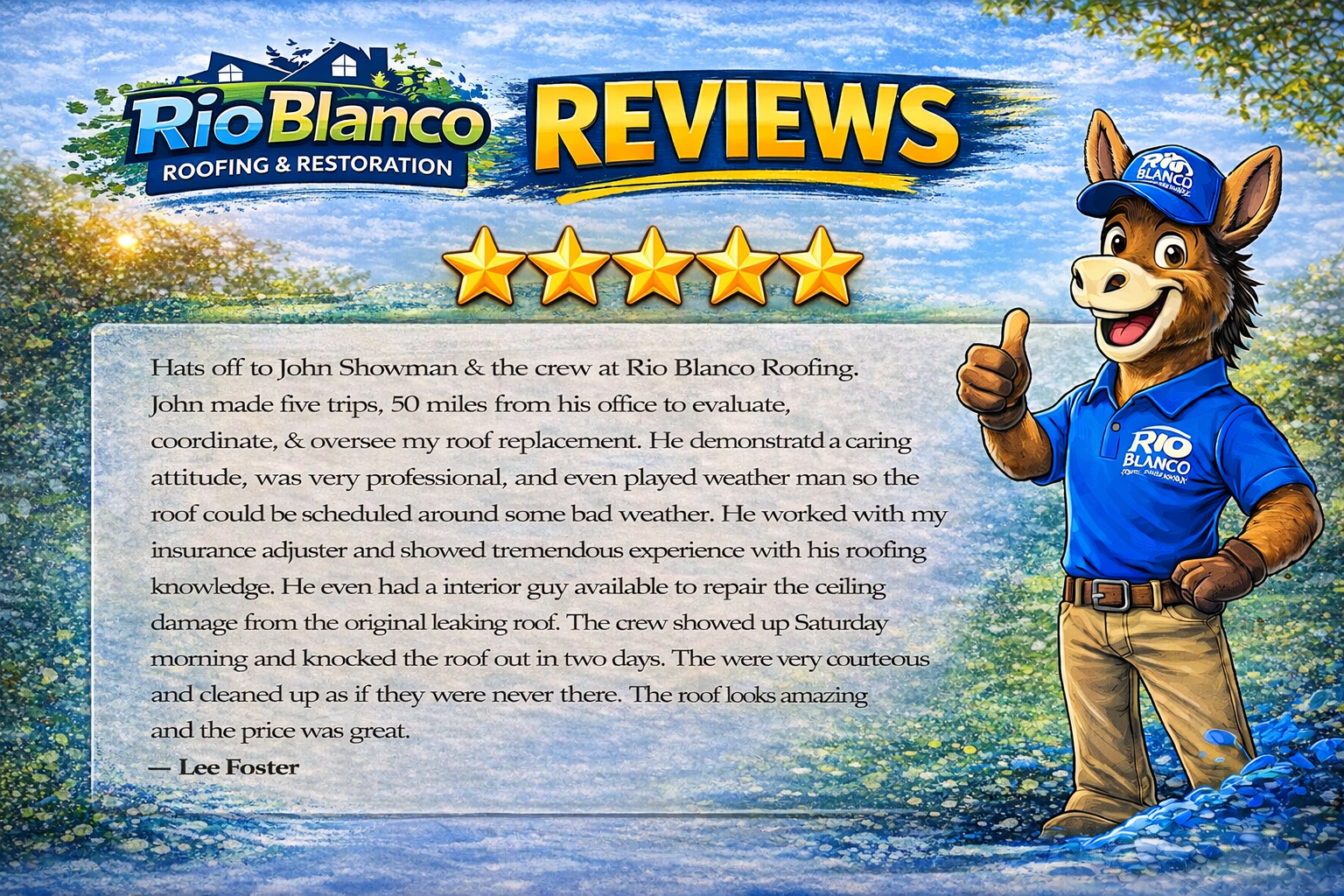 Rio Blanco Fishing Resort reviews banner with five stars and a cartoon dog in a blue shirt giving a thumbs-up