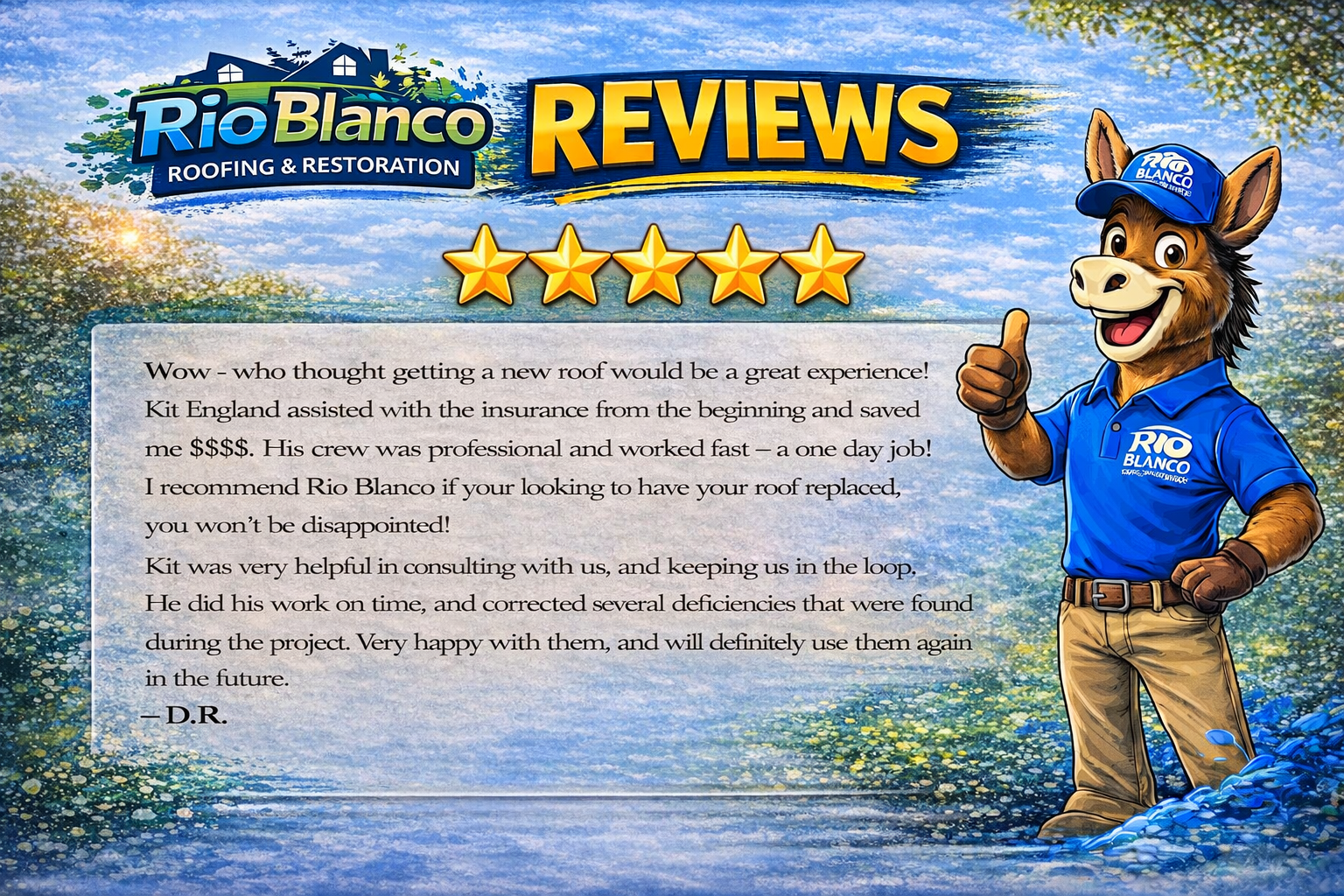 Rio Blanco Resort reviews graphic with five gold stars and a smiling dog mascot in a blue shirt.