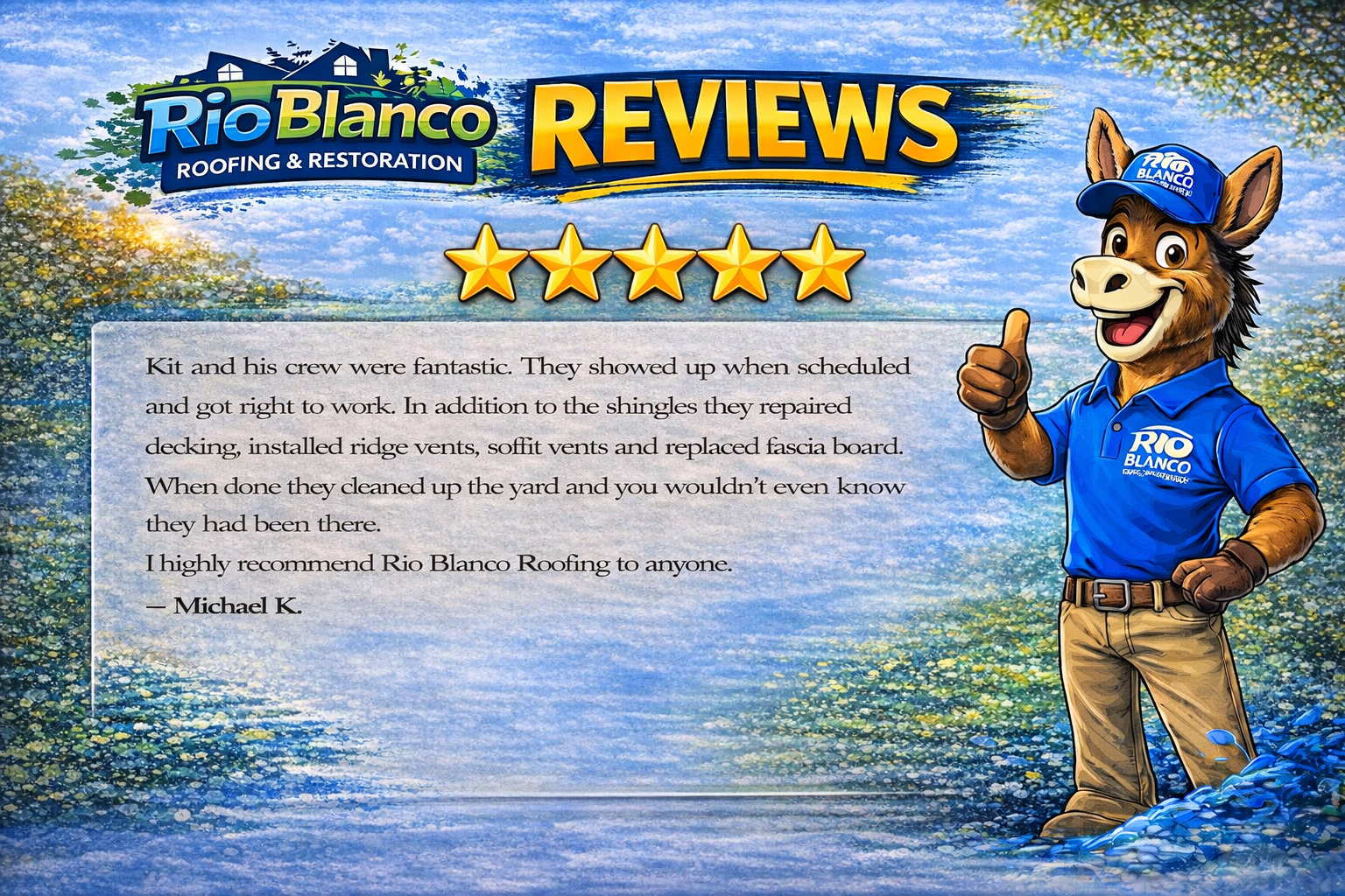 Rio Blanco reviews banner with five stars and a smiling blue-shirted mascot giving a thumbs-up