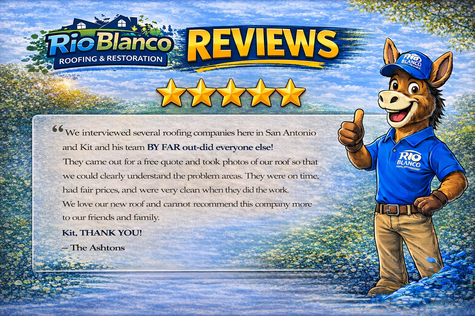 Rio Blanco RV Resort reviews graphic with five gold stars and a cartoon fox giving a thumbs-up
