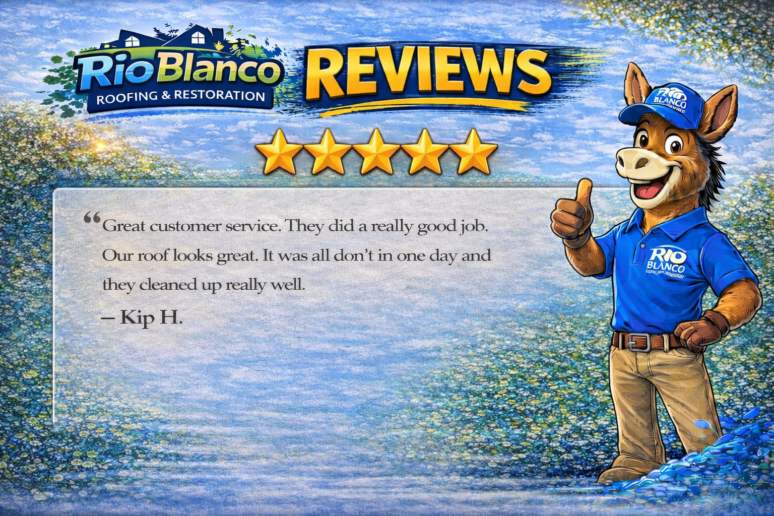 Rio Blanco Reviews graphic with gold stars, quote text, and a blue-uniformed dog mascot giving thumbs up