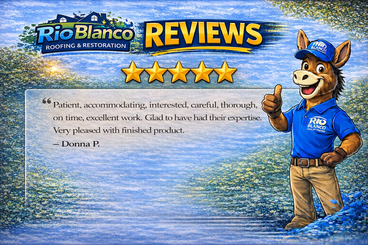 Rio Blanco Reviews banner with five stars, testimonial text, and a smiling mascot giving a thumbs-up.