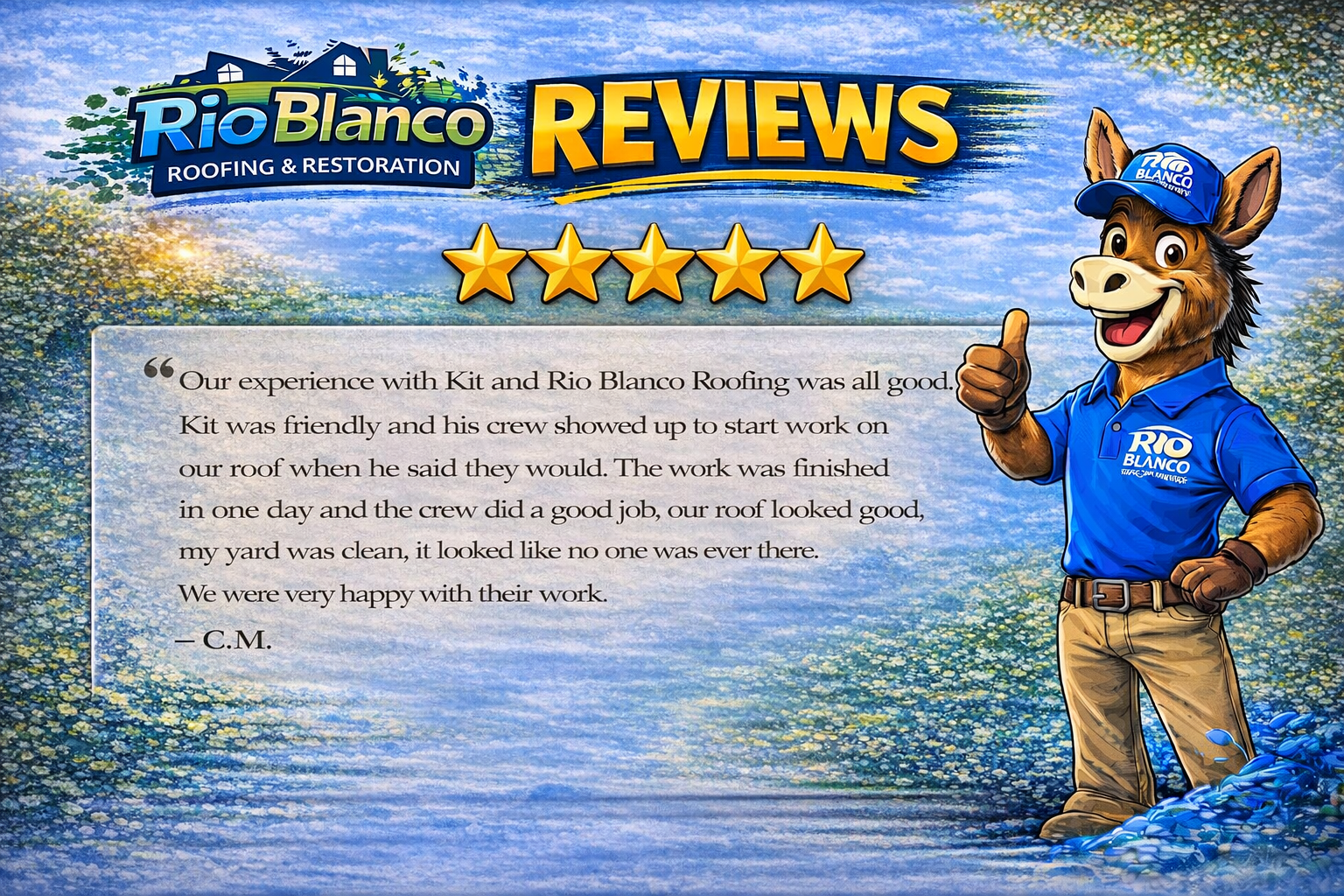 Rio Blanco Reviews banner with five stars and a smiling fox mascot giving a thumbs-up