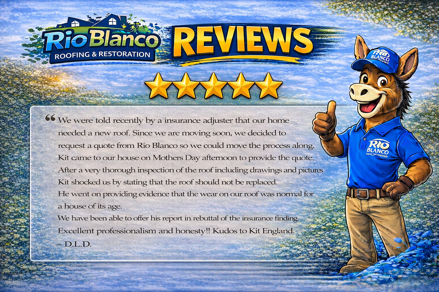 Rio Blanco resort reviews banner with five stars and a smiling animal mascot giving a thumbs-up by the water