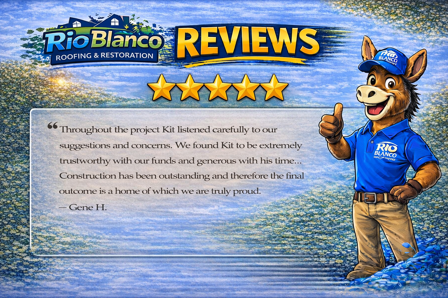 Rio Blanco Reviews banner with five stars and a smiling cowboy mascot giving a thumbs-up.