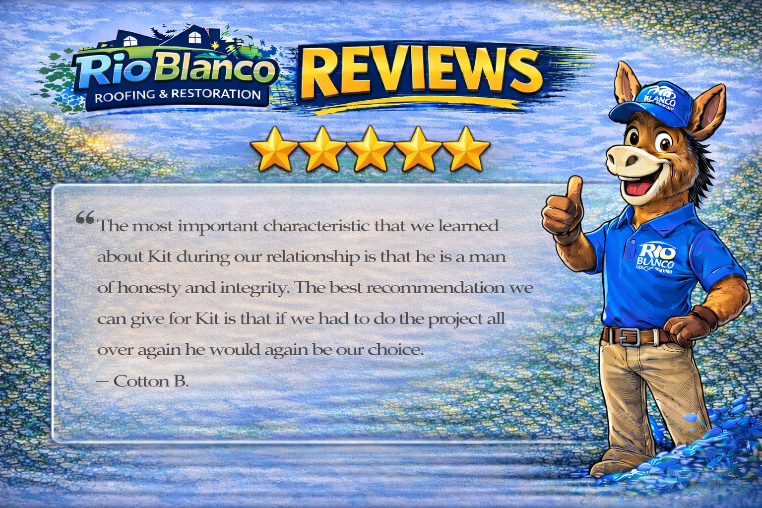 Rio Blanco reviews banner with five stars and a smiling mascot giving a thumbs-up by the water