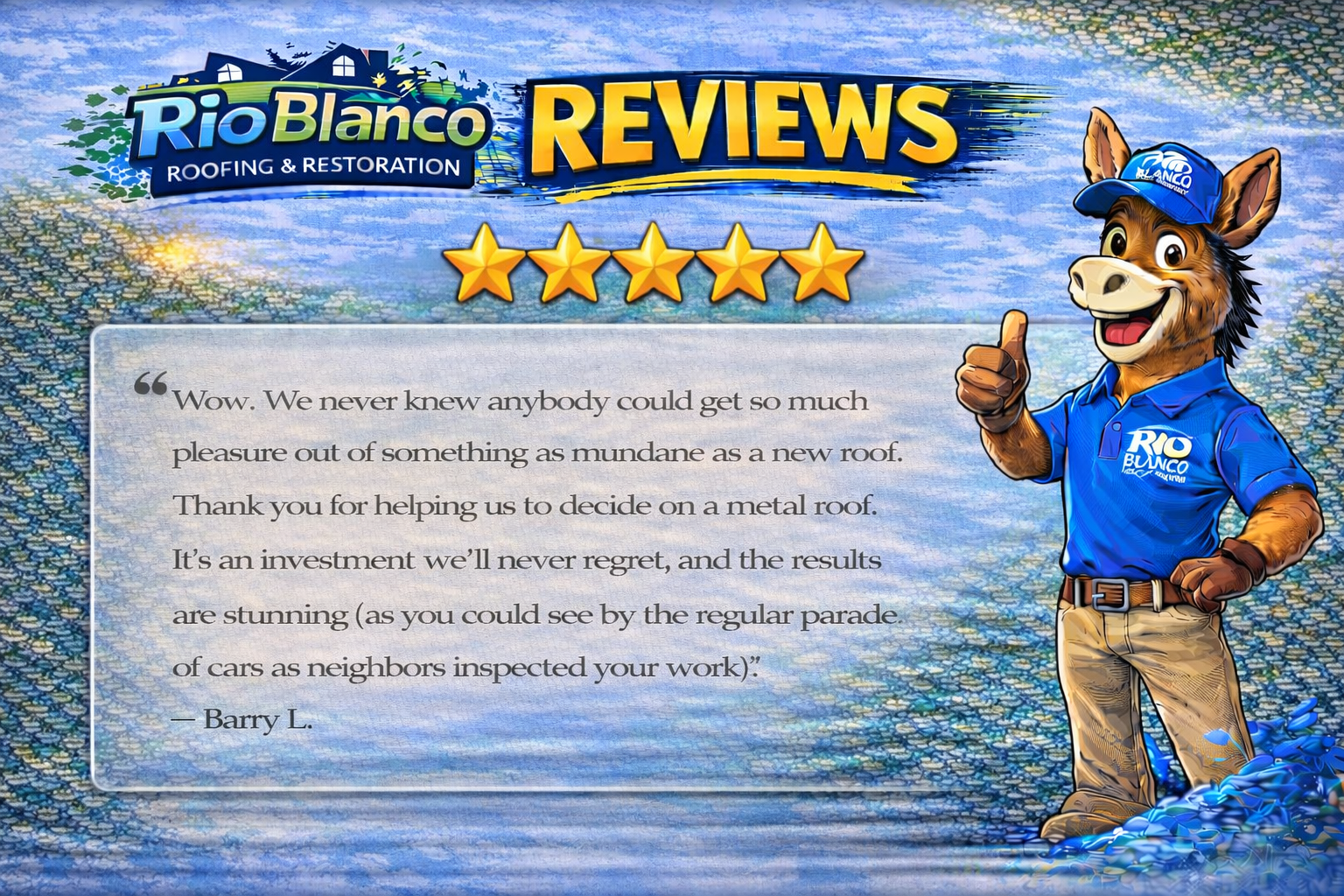 Rio Blanco review graphic with gold stars, testimonial text, and a smiling cowboy mascot giving a thumbs-up
