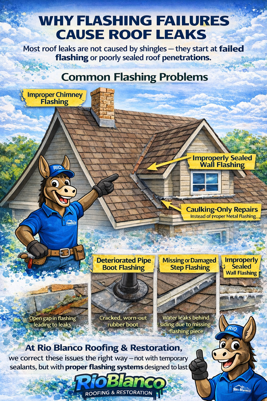 Infographic of a cartoon roofer inspecting flashing failures causing roof leaks on a house, with labeled leak points.
