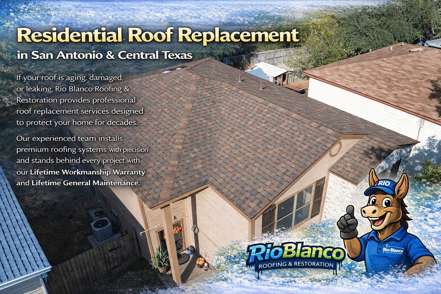 Roof replacement ad with aerial home photo,