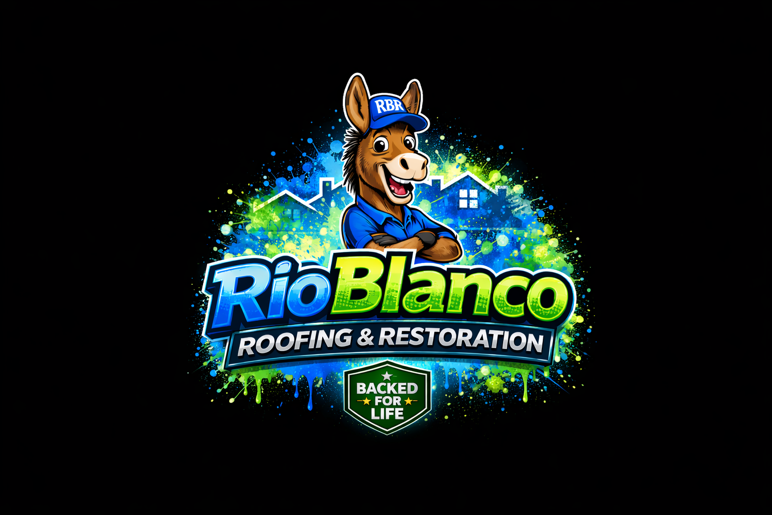 Rio Blanco Roofing & Restoration logo with a blue dog mascot on a black background