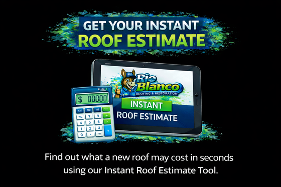 Roof estimate ad with calculator, house image, and text: “Get your instant roof estimate”